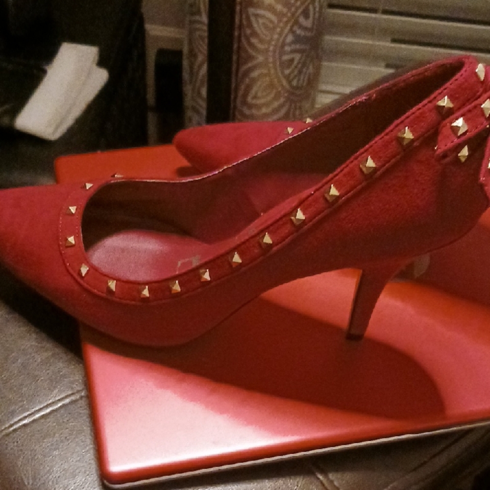 Elle Red Suede Heels with Gold Studs